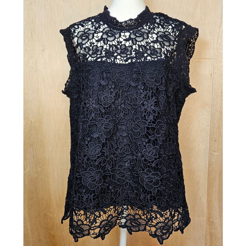 Nanette Lepore Navy Blue High Neck Sleeveless Floral Crochet/Lace Top Size Large